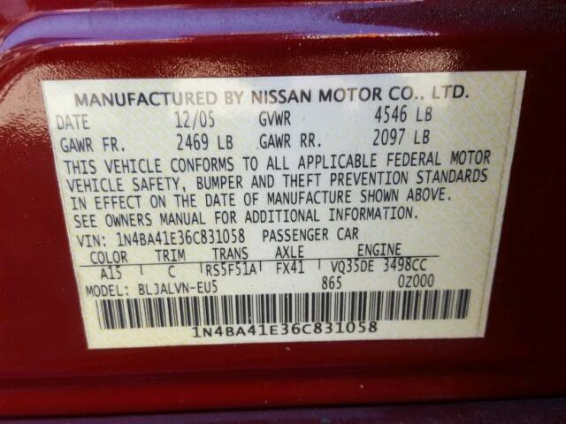 1N4BA41E36C831058 - 2006 NISSAN MAXIMA BURGUNDY photo 10