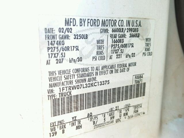 1FTRW07L32KC13375 - 2002 FORD F150 WHITE photo 10