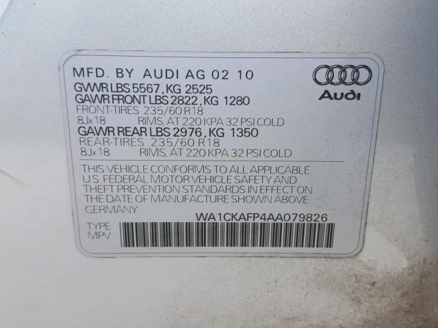 WA1CKAFP4AA079826 - 2010 AUDI Q5 PREMIUM SILVER photo 10