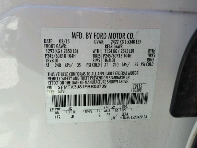 2FMTK3J81FBB08739 - 2015 FORD EDGE SEL WHITE photo 10