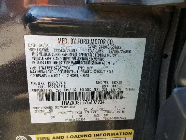 1FMZK03157GA07934 - 2007 FORD FREESTYLE BLACK photo 10