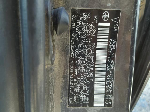 JTDBL40E699039168 - 2009 TOYOTA COROLLA GRAY photo 10