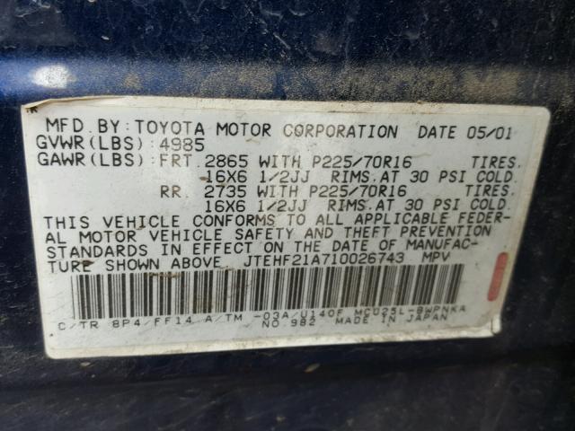 JTEHF21A710026743 - 2001 TOYOTA HIGHLANDER BLUE photo 10