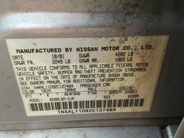 1N4AL11D92C127484 - 2002 NISSAN ALTIMA SILVER photo 10