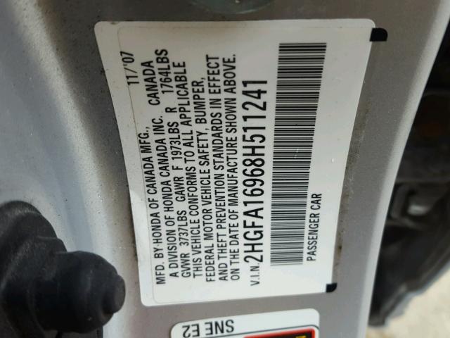 2HGFA16968H511241 - 2008 HONDA CIVIC EXL 银色 照片 10