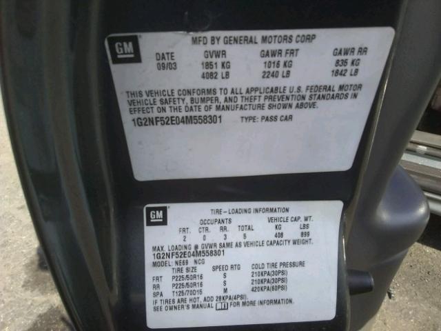 1G2NF52E04M558301 - 2004 PONTIAC GRAND AM S GRAY photo 10