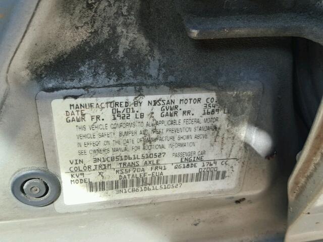 3N1CB51D61L510527 - 2001 NISSAN SENTRA XE SILVER photo 10