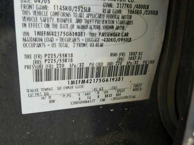 1MEFM42175G619381 - 2005 MERCURY MONTEGO PR 黑色 照片 10