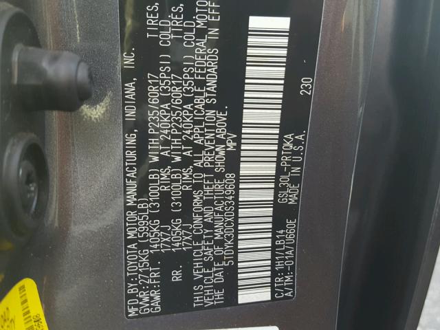 5TDYK3DCXDS349608 - 2013 TOYOTA SIENNA GRAY photo 10