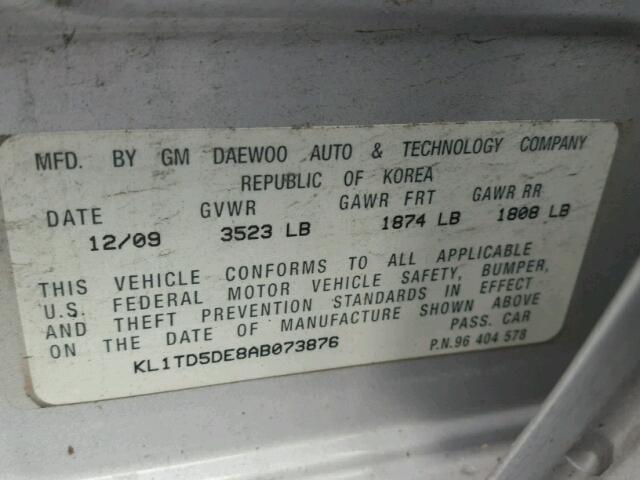 KL1TD5DE8AB073876 - 2010 CHEVROLET AVEO LS SILVER photo 10