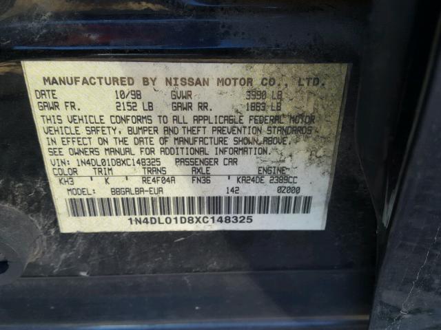 1N4DL01D8XC148325 - 1999 NISSAN ALTIMA BLACK photo 10