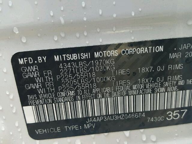 JA4AP3AU3HZ046684 - 2017 MITSUBISHI OUTLANDER WHITE photo 10