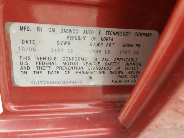 KL1TD56697B099479 - 2007 CHEVROLET AVEO BASE Қызыл фото 10