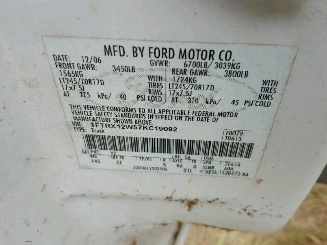 1FTRX12W57KC19092 - 2007 FORD F150 WHITE photo 10