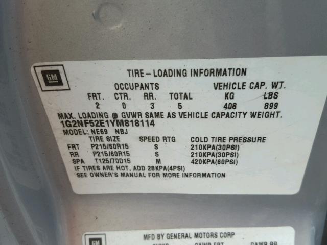 1G2NF52E1YM818114 - 2000 PONTIAC GRAND AM S SILVER photo 10