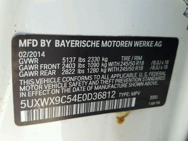 5UXWX9C54E0D36812 - 2014 BMW X3 XDRIVE2 WHITE photo 10