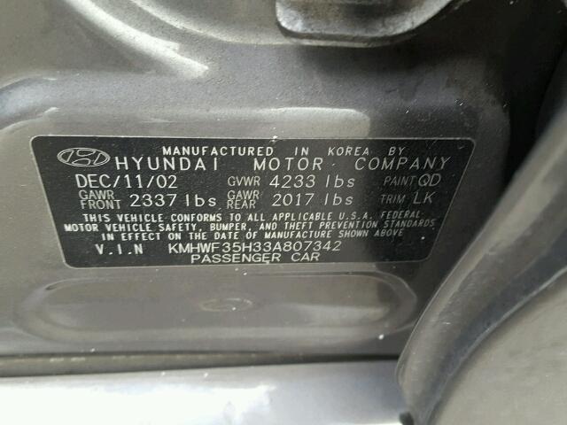 KMHWF35H33A807342 - 2003 HYUNDAI SONATA GRAY photo 10