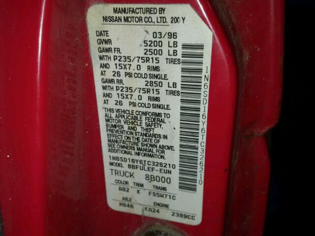 1N6SD16Y6TC326210 - 1996 NISSAN TRUCK KING RED photo 10