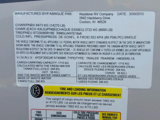 4YDF30524FA740985 - 2015 KEYSTONE MONTANA BROWN photo 10