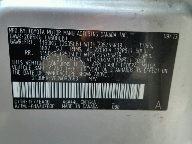 2T3DFREV8DW092663 - 2013 TOYOTA RAV4 LIMIT SILVER photo 10