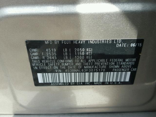 4S3BNAL63F3075170 - 2015 SUBARU LEGACY 2.5 GRAY photo 10