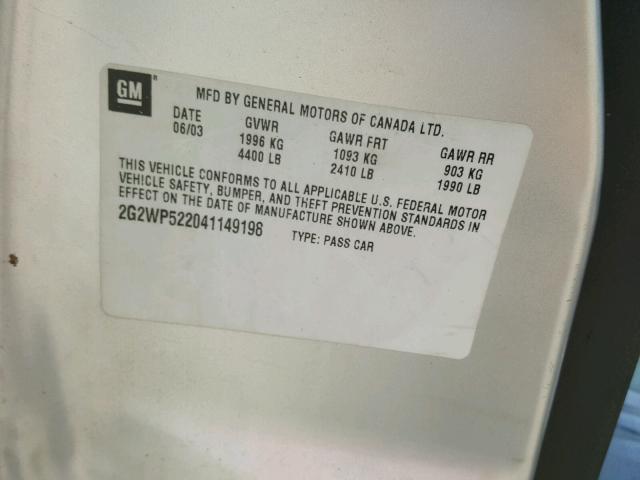2G2WP522041149198 - 2004 PONTIAC GRAND PRIX ვერცხლისფერი ფოტო 10