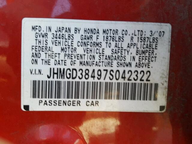 JHMGD38497S042322 - 2007 HONDA FIT RED photo 10