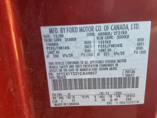 2FTZX17231CA40857 - 2001 FORD F150 MAROON photo 10