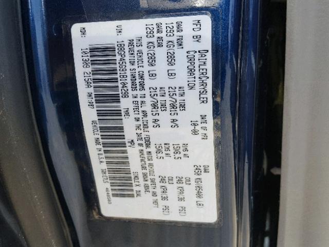 1B8GP45G91B104298 - 2001 DODGE CARAVAN SP BLUE photo 10