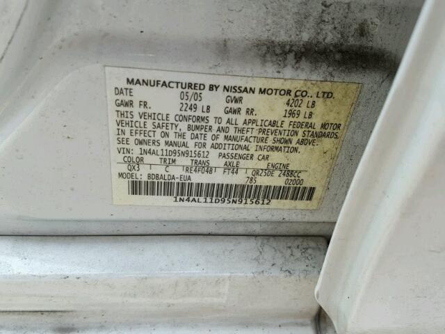 1N4AL11D95N915612 - 2005 NISSAN ALTIMA WHITE photo 10