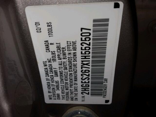 2HGES267X1H552507 - 2001 HONDA CIVIC EX ვერცხლისფერი ფოტო 10