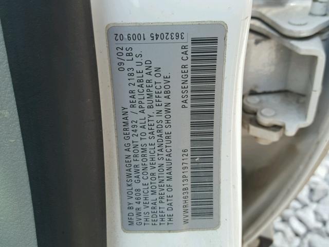 WVWRH63B13P197126 - 2003 VOLKSWAGEN PASSAT GLX WHITE photo 10