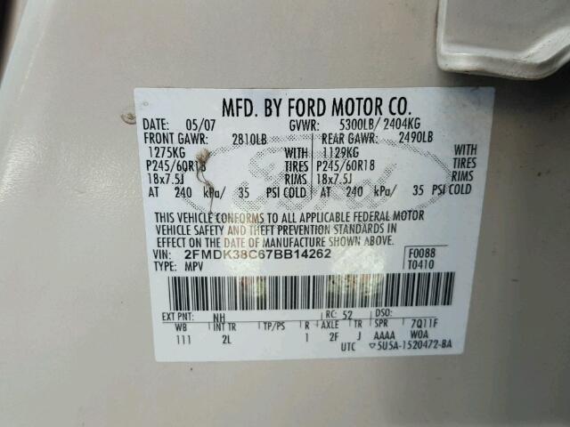 2FMDK38C67BB14262 - 2007 FORD EDGE SEL BEIGE photo 10