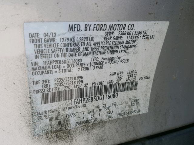 1FAHP2E85DG116080 - 2013 FORD TAURUS SEL SILVER photo 10