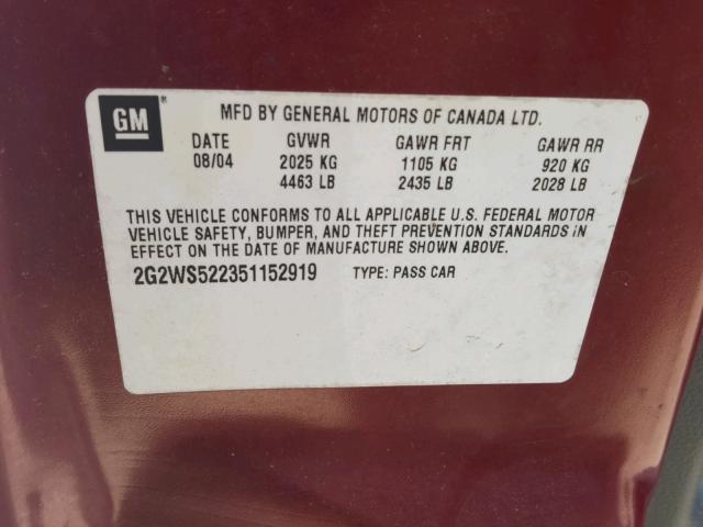 2G2WS522351152919 - 2005 PONTIAC GRAND PRIX MAROON photo 10