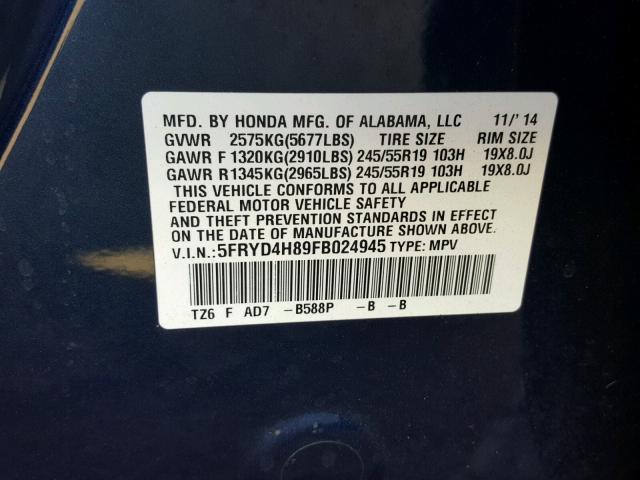 5FRYD4H89FB024945 - 2015 ACURA MDX ADVANC 蓝色 照片 10