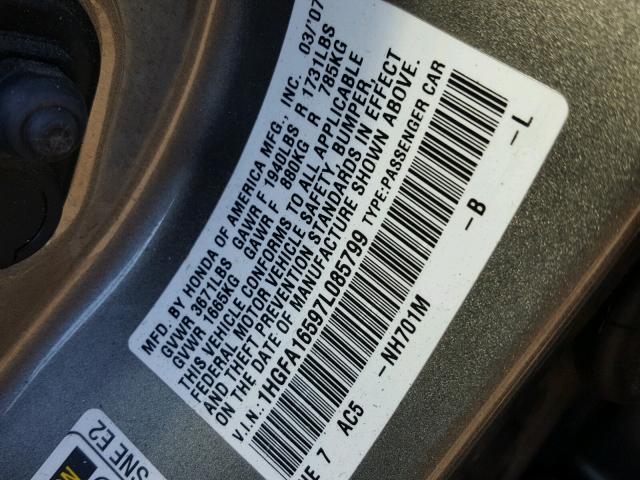 1HGFA16597L085799 - 2007 HONDA CIVIC GRAY photo 10