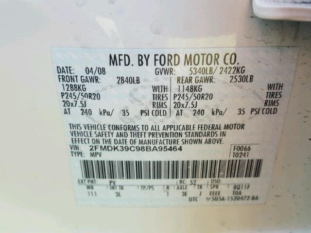 2FMDK39C98BA95464 - 2008 FORD EDGE WHITE photo 10