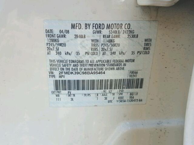 2FMDK39C98BA95464 - 2008 FORD EDGE Beyaz fotoğraf 9