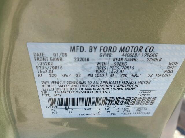 1FMCU03Z48KC83350 - 2008 FORD ESCAPE XLT GREEN photo 10