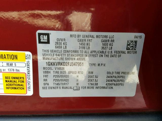 1GKKVRKD2FJ347951 - 2015 GMC ACADIA SLT წითელი ფოტო 10