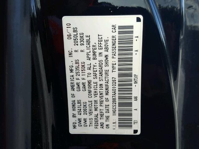 1HGCS2B87AA010267 - 2010 HONDA ACCORD EXL BLACK photo 10