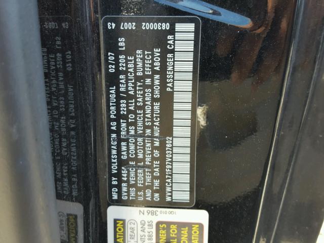 WVWCA71F97V037602 - 2007 VOLKSWAGEN EOS 2.0T S 黑色 照片 10