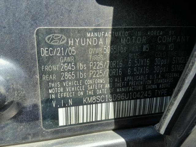 KM8SC13D96U104245 - 2006 HYUNDAI SANTA FE G BLUE photo 10