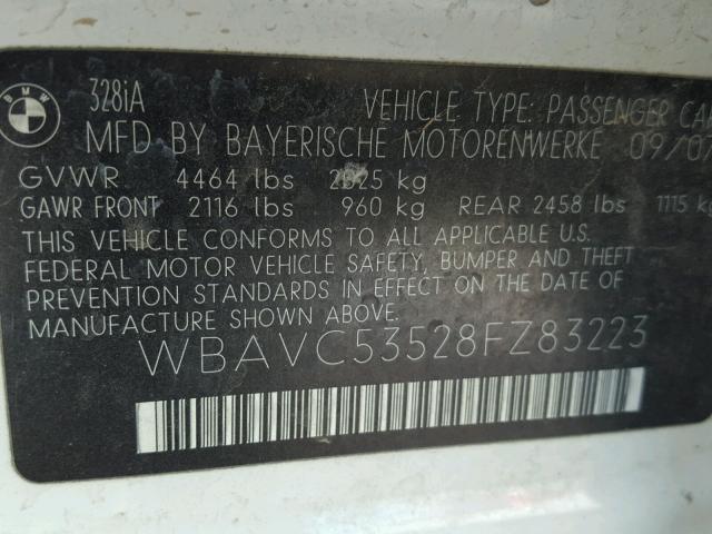 WBAVC53528FZ83223 - 2008 BMW 328 I SULE თეთრი ფოტო 10