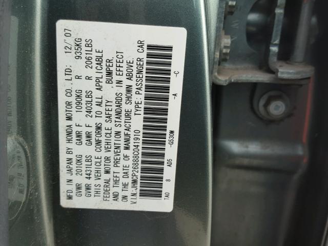 JHMCP26888C041910 - 2008 HONDA ACCORD EXL GREEN photo 10