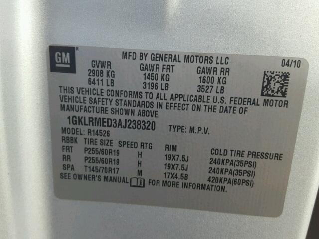 1GKLRMED3AJ238320 - 2010 GMC ACADIA SLT SILVER photo 10