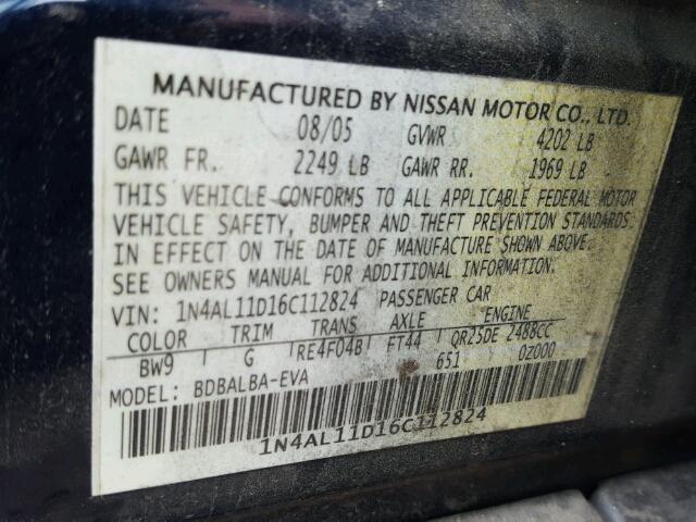 1N4AL11D16C112824 - 2006 NISSAN ALTIMA S BLUE photo 10