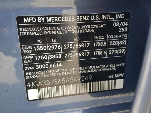 4JGAB57E65A549549 - 2005 MERCEDES-BENZ ML 350 BLUE photo 10