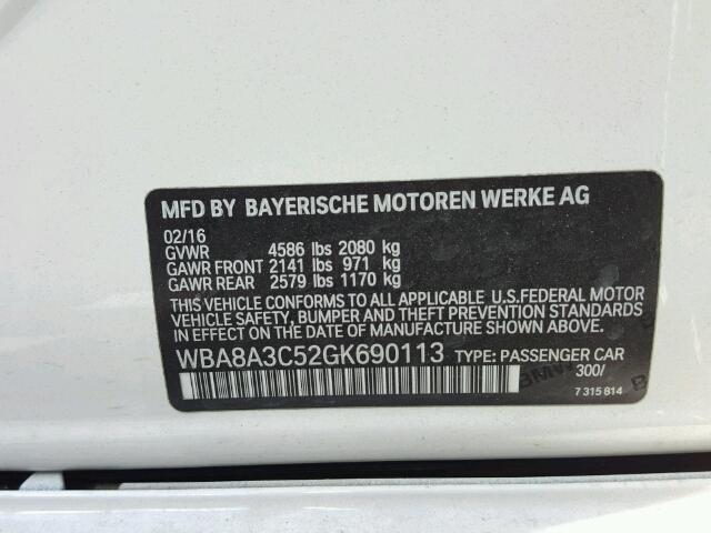 WBA8A3C52GK690113 - 2016 BMW 320 XI WHITE photo 10